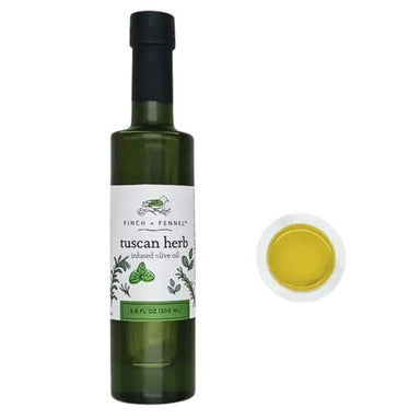 Bottle of Finch & Fennel Tuscan Herb infused olive oil with a close-up of the oil on a white background.
