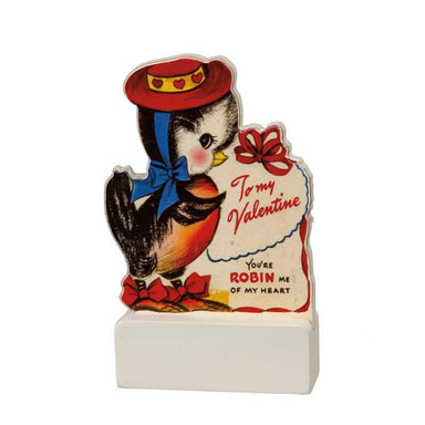 Vintage-style Valentine's Day card with a robin and decorative elements on a white background