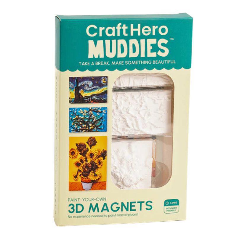 Box of Craft Hero Muddies 3D Magnets with images of painted magnets on a white background