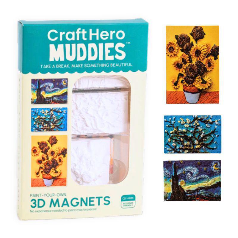Box of Craft Hero Muddies paint-your-own 3D magnets with images of famous artworks on a white background.
