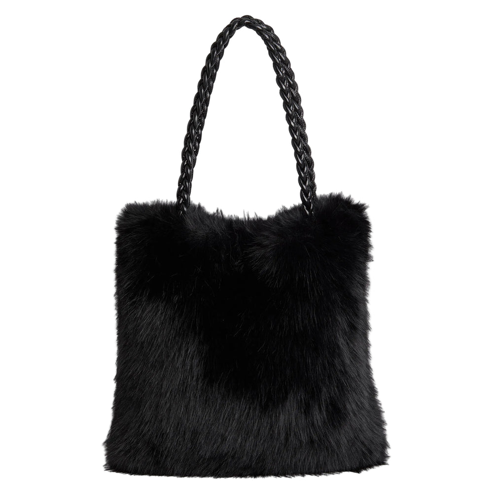 A black faux fur tote bag with thick braided shoulder straps, shown against a plain light gray background.