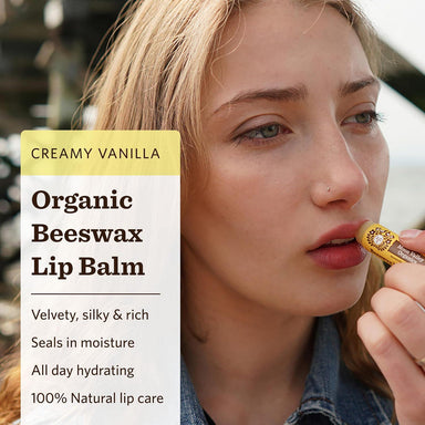 Woman applying organic beeswax lip balm with product packaging overlay.
