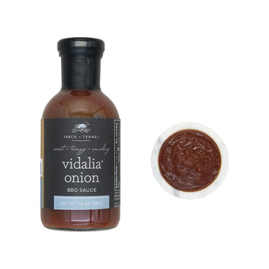 Bottle of Finch & Fennel Vidalia Onion BBQ Sauce with a close-up of the sauce on a white background