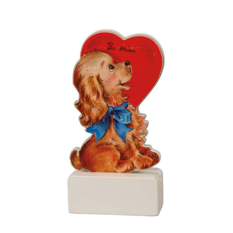Vintage-style dog figurine with a heart and 'Be Mine' text on a white background