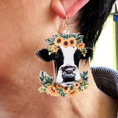 Volpe Resin Sunflower Cow Earrings | 2.5"x2" Multicolored Statement Jewels