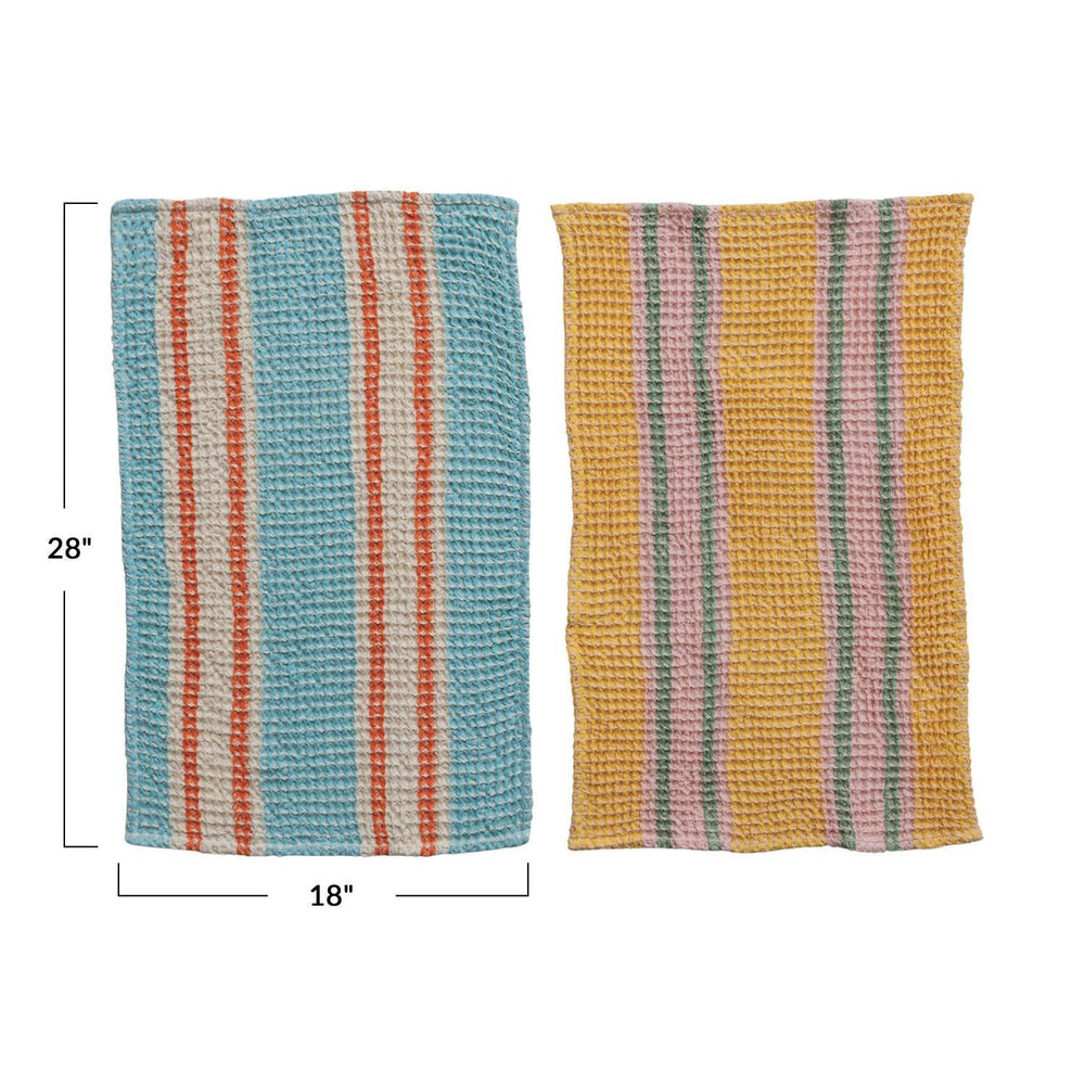 Two striped fabric swatches, one blue and orange, the other yellow and pink, with measurements on a white background.