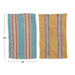 Two striped fabric swatches, one blue and orange, the other yellow and pink, with measurements on a white background.