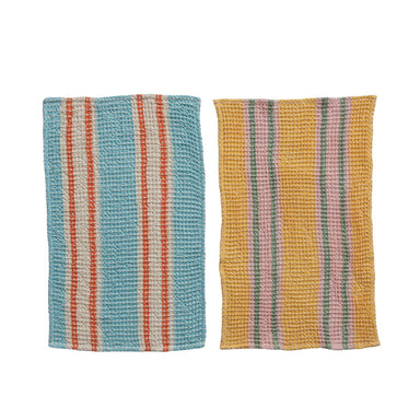 Two striped fabric towels, one blue and orange, the other yellow and pink, on a white background.