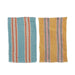Two striped fabric towels, one blue and orange, the other yellow and pink, on a white background.