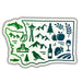 A die-cut sticker shaped like the state of Washington, featuring green and navy blue state outline icons and symbols including a fish, Space Needle, mountains, trees, apples, grapes, wine bottle, and wine glass on a white background.