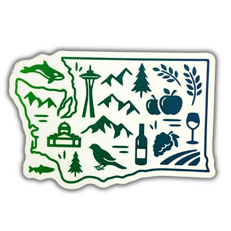 A die-cut sticker shaped like the state of Washington, featuring green and navy blue state outline icons and symbols including a fish, Space Needle, mountains, trees, apples, grapes, wine bottle, and wine glass on a white background.