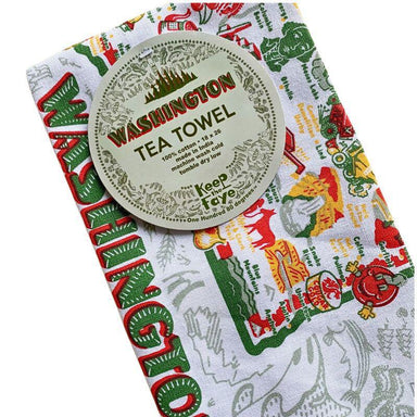 Tea towel with Washington state design and 'Keep it Faye' label on a white background