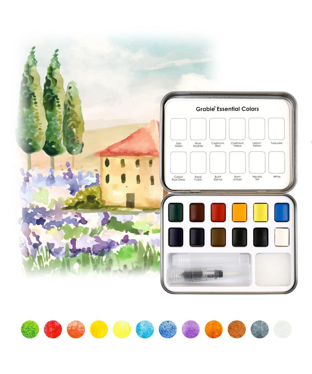 Watercolor paint set with a scenic illustration of trees and a house.