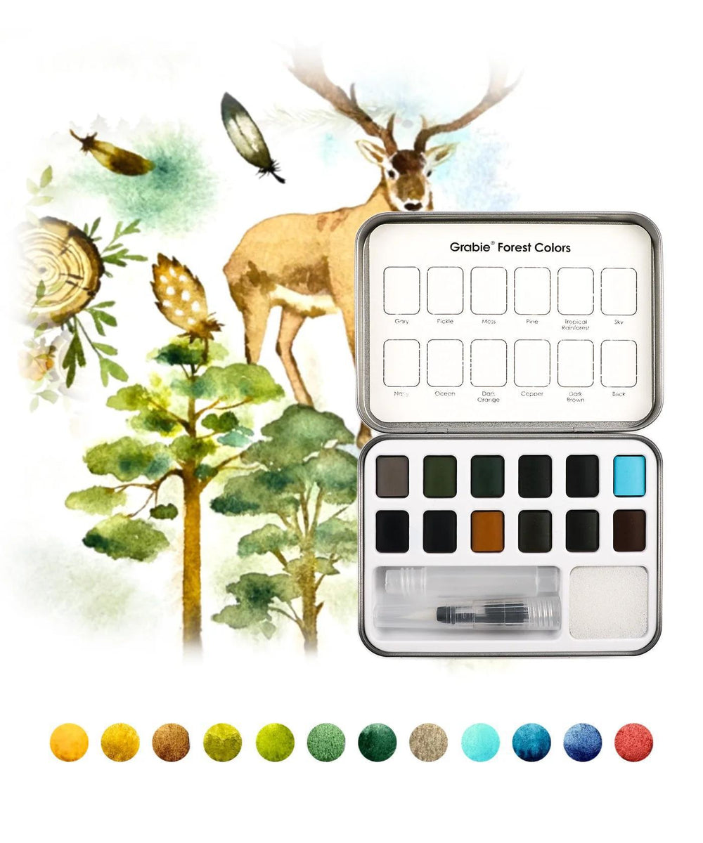 Watercolor paint set with forest-themed design and color swatches on a white background
