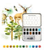 Watercolor paint set with forest-themed design and color swatches on a white background