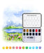 Watercolor paint set with landscape illustration on a white background