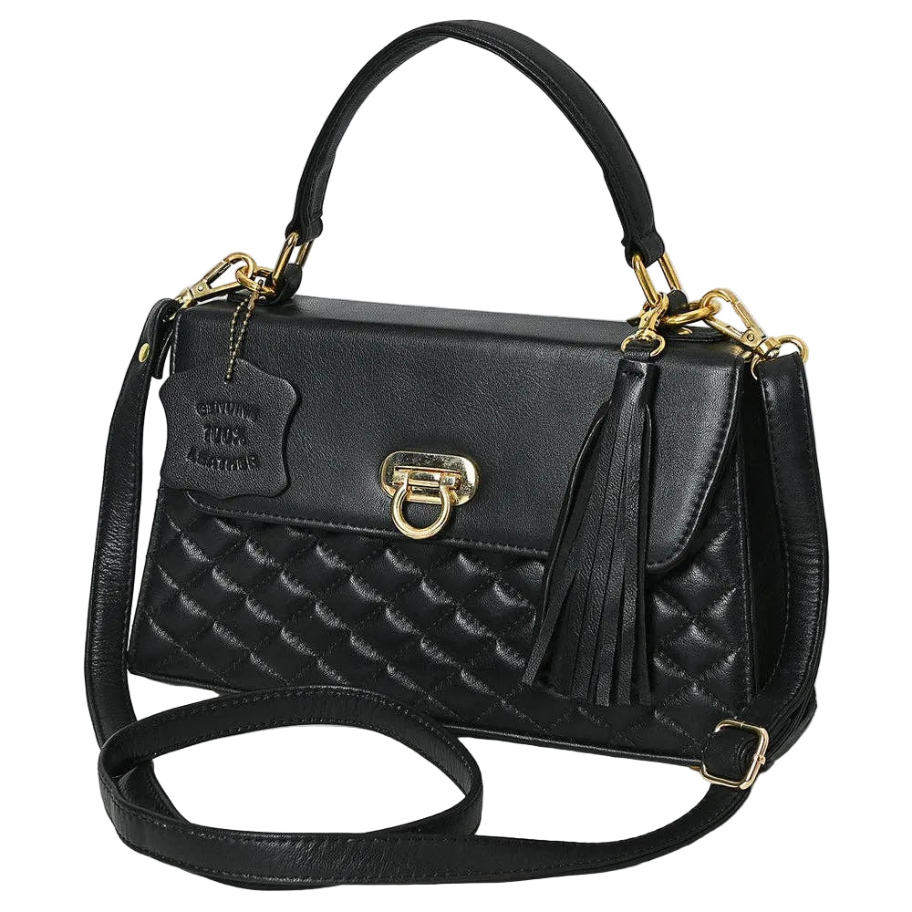 Black quilted handbag with gold accents on a light gray background