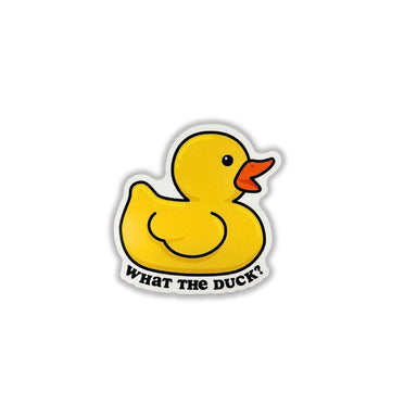 A die-cut vinyl sticker featuring a cartoon yellow rubber duck with an orange beak and the text 'WHAT THE DUCK?' in black on a white background.