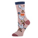 Sock with cartoon chickens wearing cowboy boots on a pink background