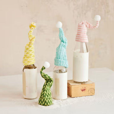 Whimsical 8" Knit Fabric & Wire Hat Bottle Topper with Pom Pom