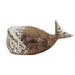 Wooden whale figurine with a weathered finish on a white background