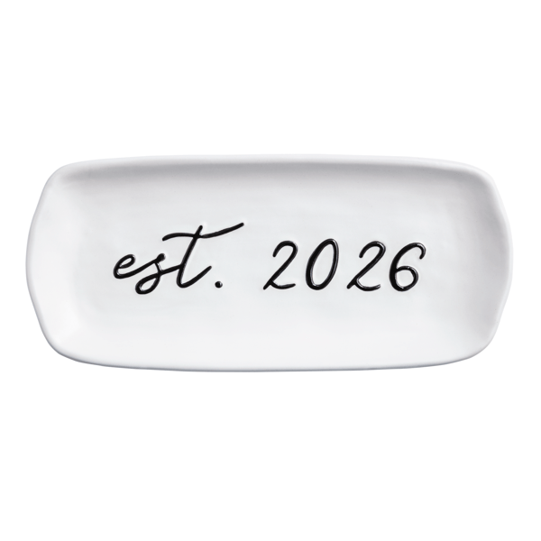 White dish with 'est. 2026' text on a white background