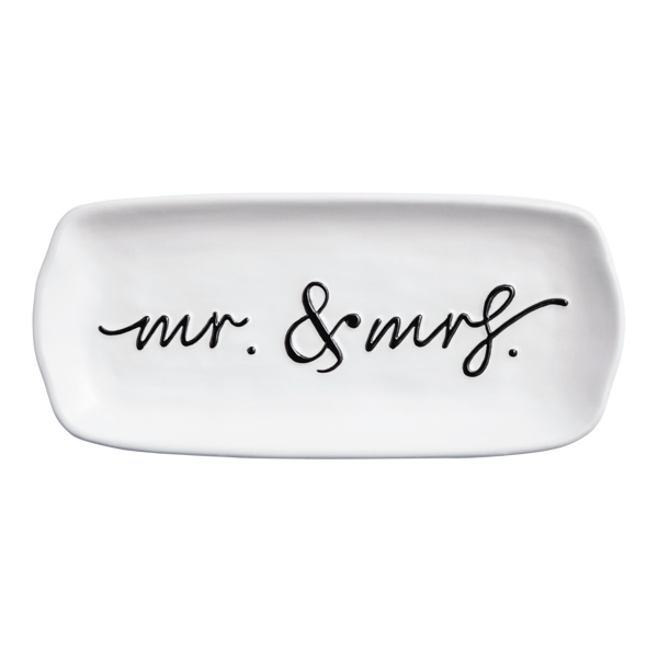 White dish with 'mr. & mrs.' text on a white background