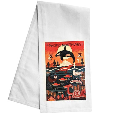 White towel with a colorful Pacific Northwest design featuring an orca, trees, and animals.