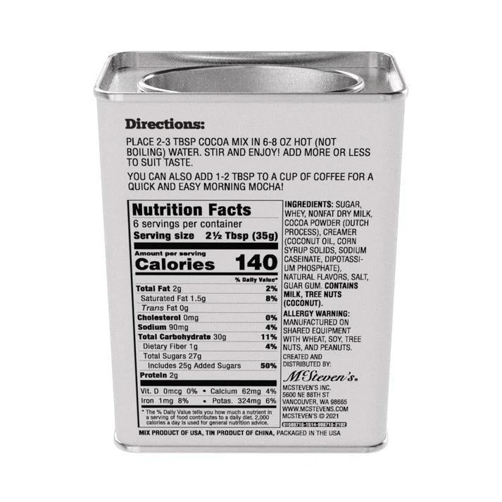 Cocoa mix container with nutrition facts label on a white background