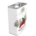 Hot cocoa tin with Christmas design featuring a red car and trees on a white background