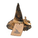 A rustic, distressed black and brown witch hat with a matching paper tag and ribbon, photographed on a clean white background.