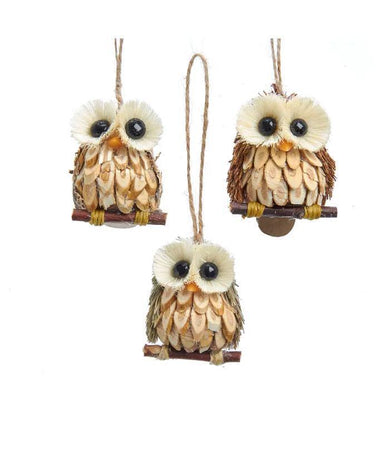 Wood and Sisal Owl Ornaments - Nature-Inspired Holiday Décor, 3 Assorted