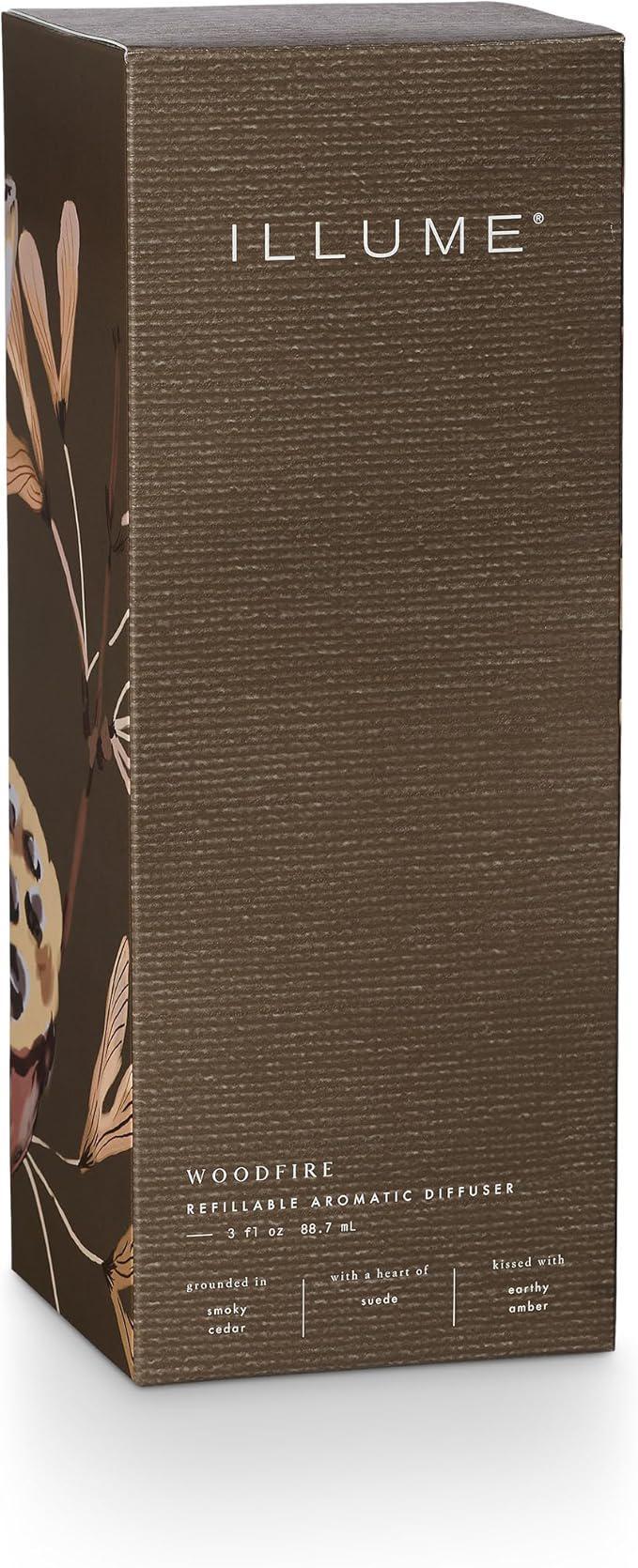 Brown box with 'ILLUME' branding and floral design on a white background