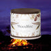 Woodfire Vanity Tin Candle, with a campfire image at the back