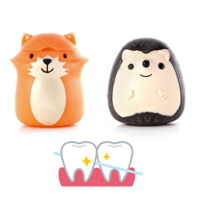 Two animal-shaped containers, one fox and one hedgehog, with a dental hygiene illustration below on a white background.