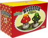 Box of mushroom-shaped salt and pepper shakers with a red and yellow design.