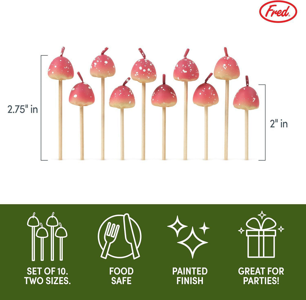Set of 10 pink apple-shaped cake toppers on sticks with measurements and Fred brand logo.
