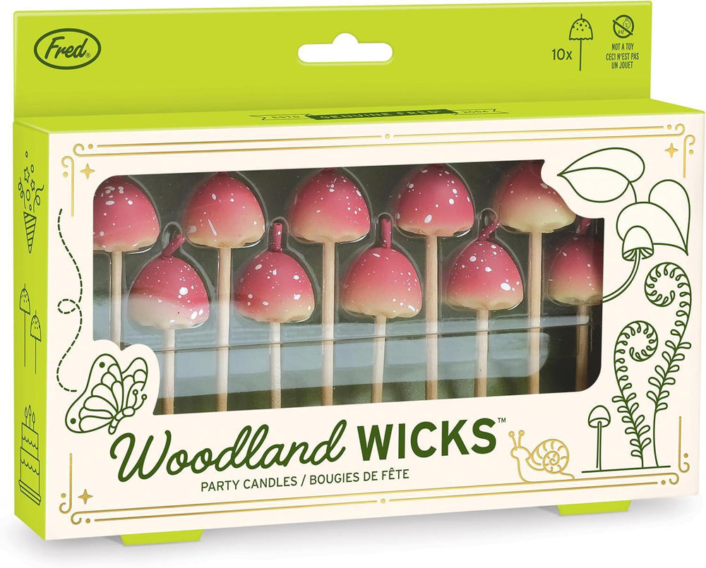 Box of Woodland Wicks party candles with pink and red designs on a white background