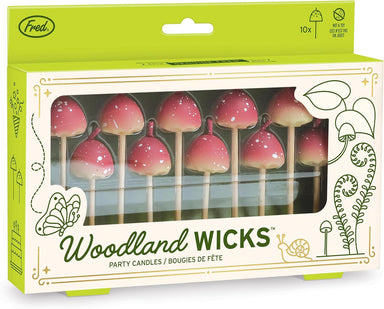 Box of Woodland Wicks party candles with pink and red designs on a white background