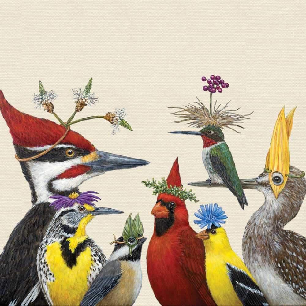Illustration of various birds with decorative headgear on a beige background