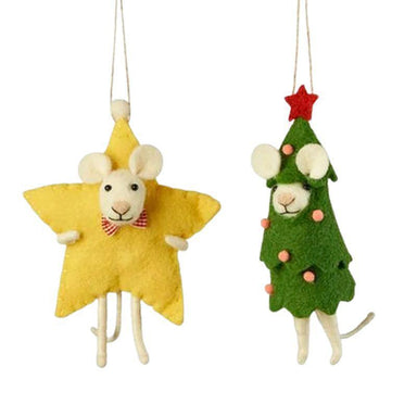Wool Star & Tree Mouse Ornaments – 6" Cozy Holiday Decor