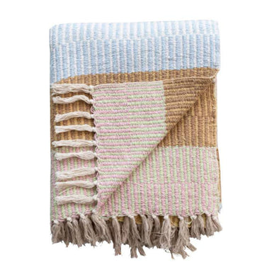 Woven blanket with fringes in blue, beige, and pink on a white background