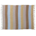 Striped rug with brown, beige, and blue colors on a white background