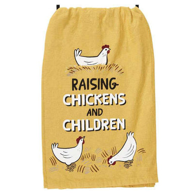 Yellow towel with chicken illustrations and text on a white background