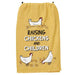 Yellow towel with chicken illustrations and text on a white background