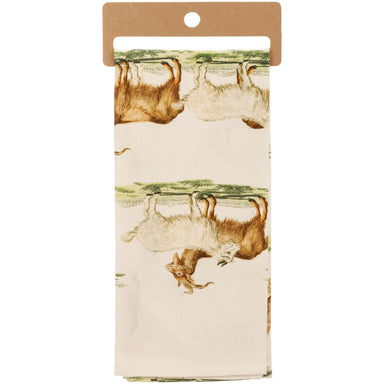 Packaged tea towel with kangaroo design on a white background