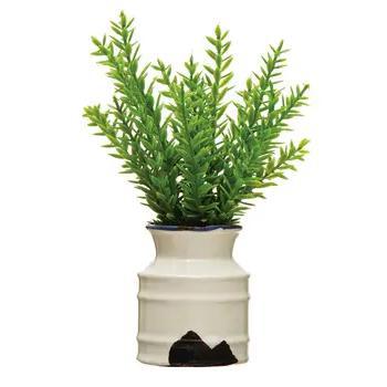 White Ceramic Pot with Faux Herbs