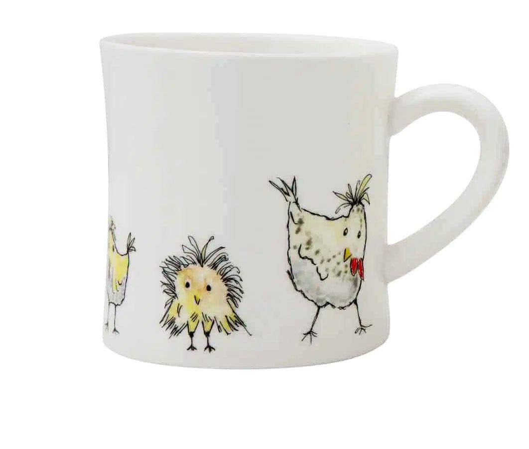 Cute white ceramic mug with cute chicken drawings