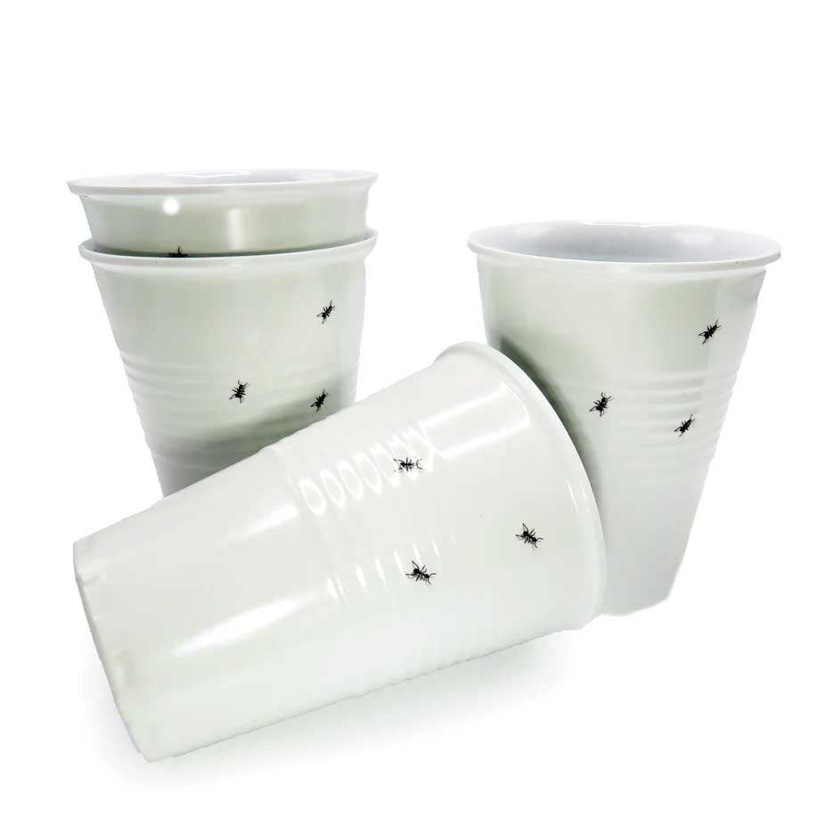 set of 4 white melamine cups with a design featuring painted ants