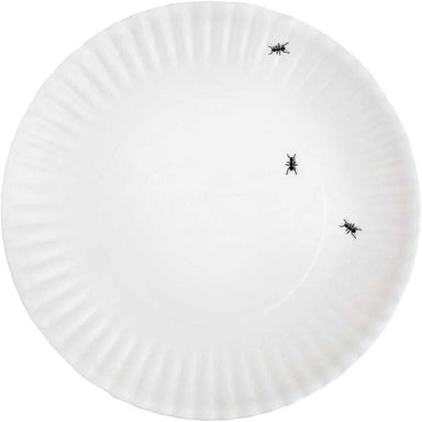 A white melamine plate showing the print of 3 small ants crawling around